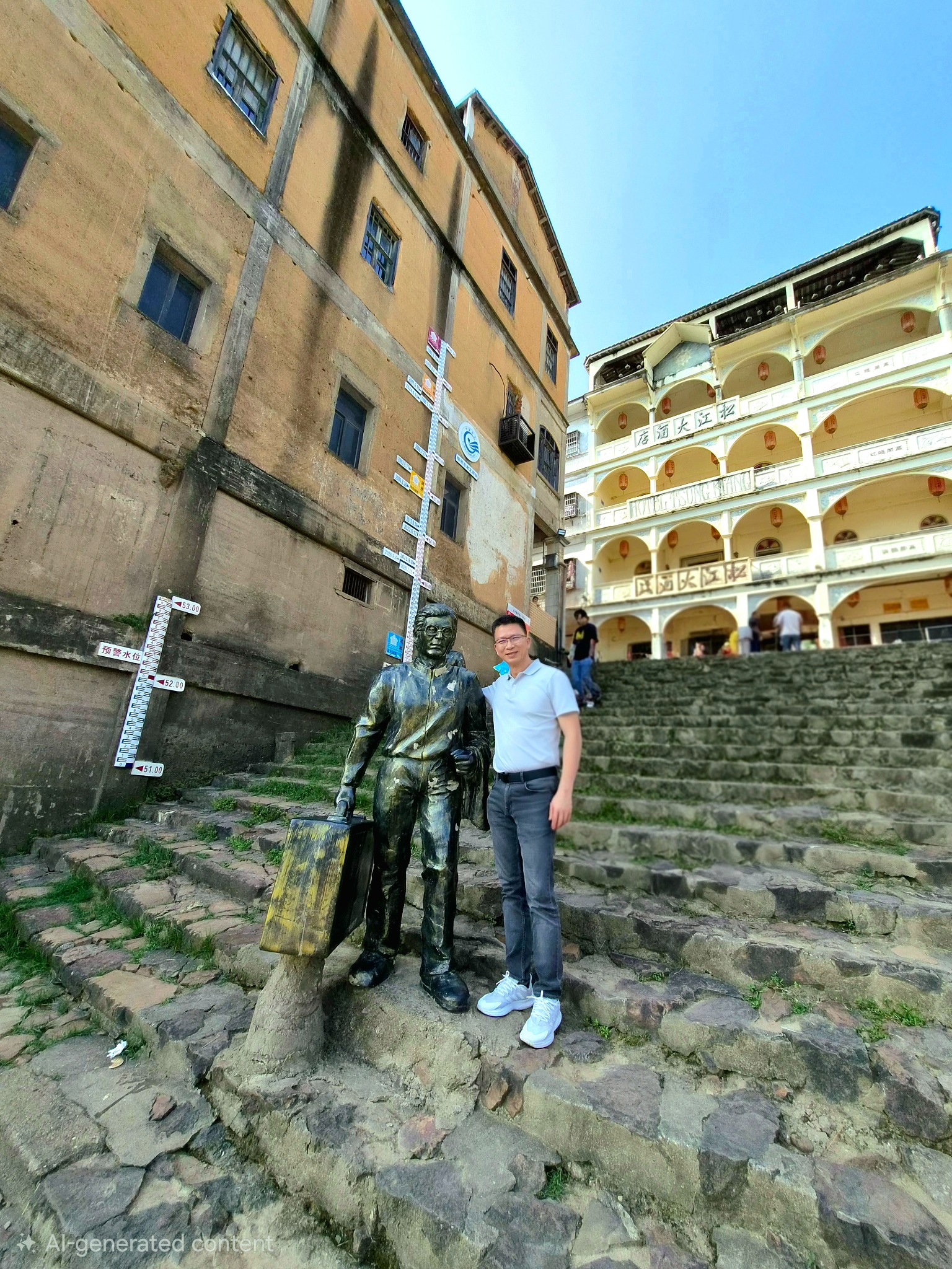 Dr Francis Lee Kok Siong with a statue representing an overseas Chinese traveller